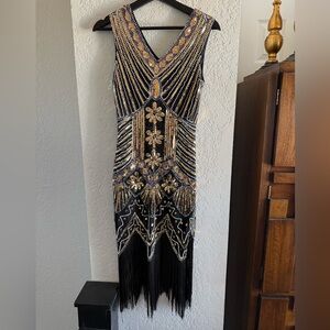 Glamorous Black and Gold Beaded Midi Dress
